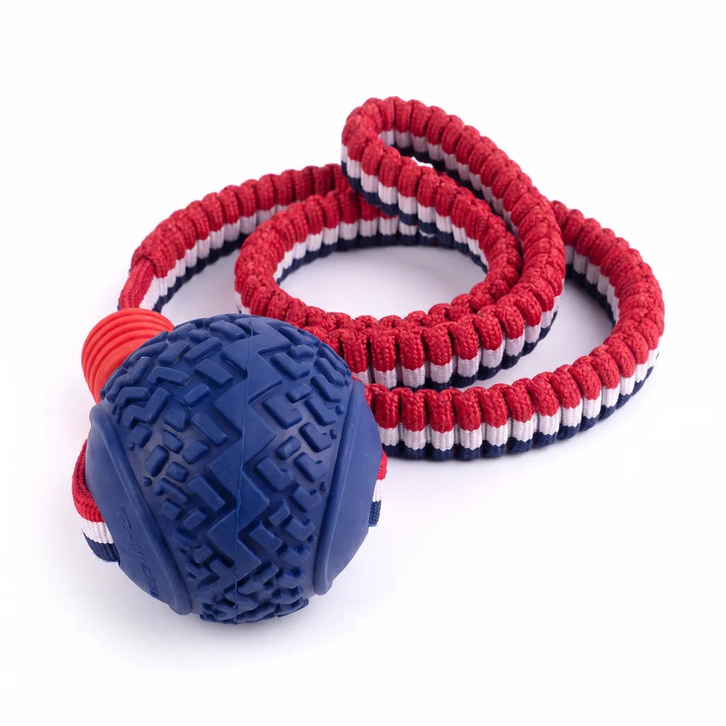 Natural Rubber Dog Ball on Rope Toy - clean product shot